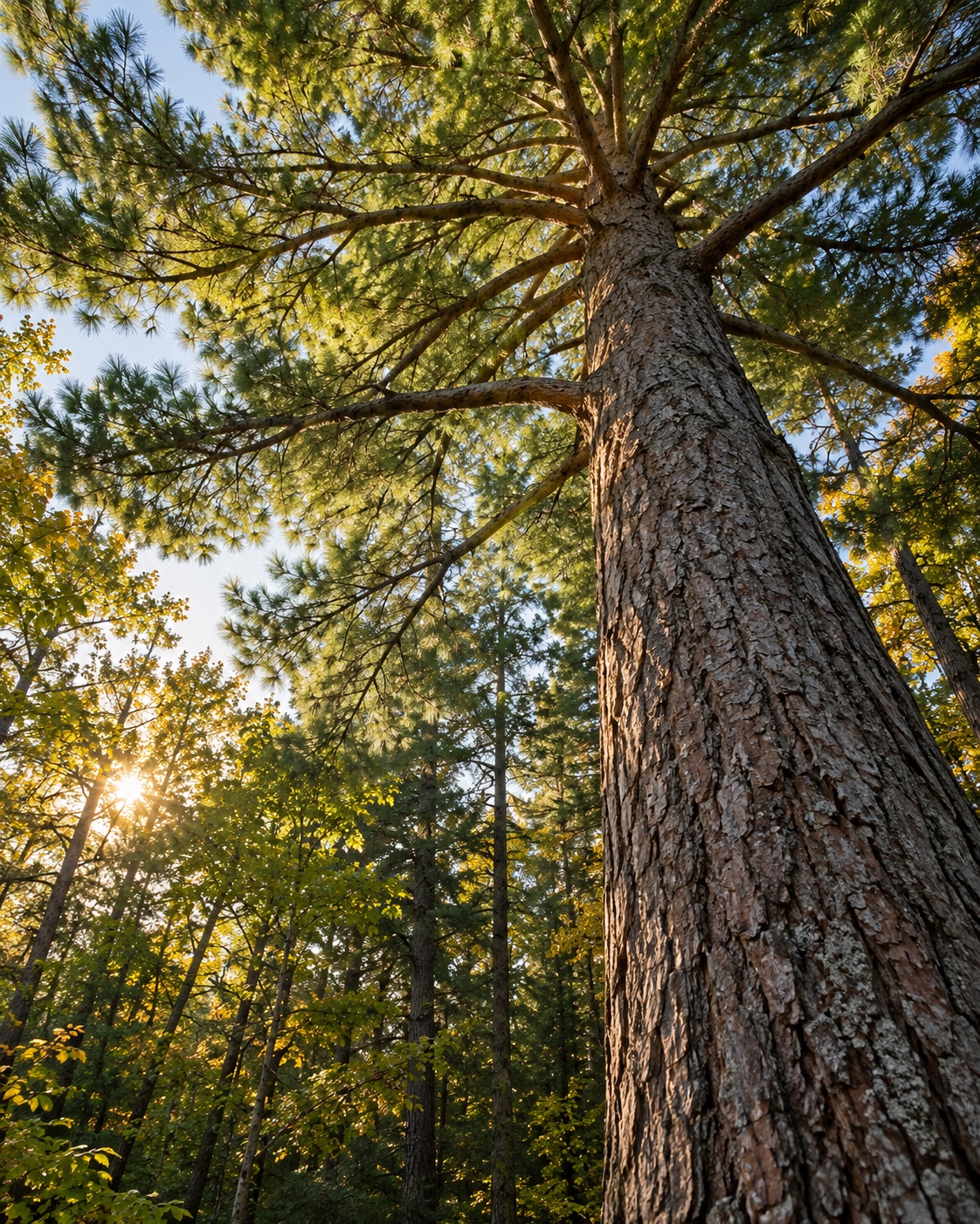 Illustrative AI forest study looking upward into a sunlit pine canopy